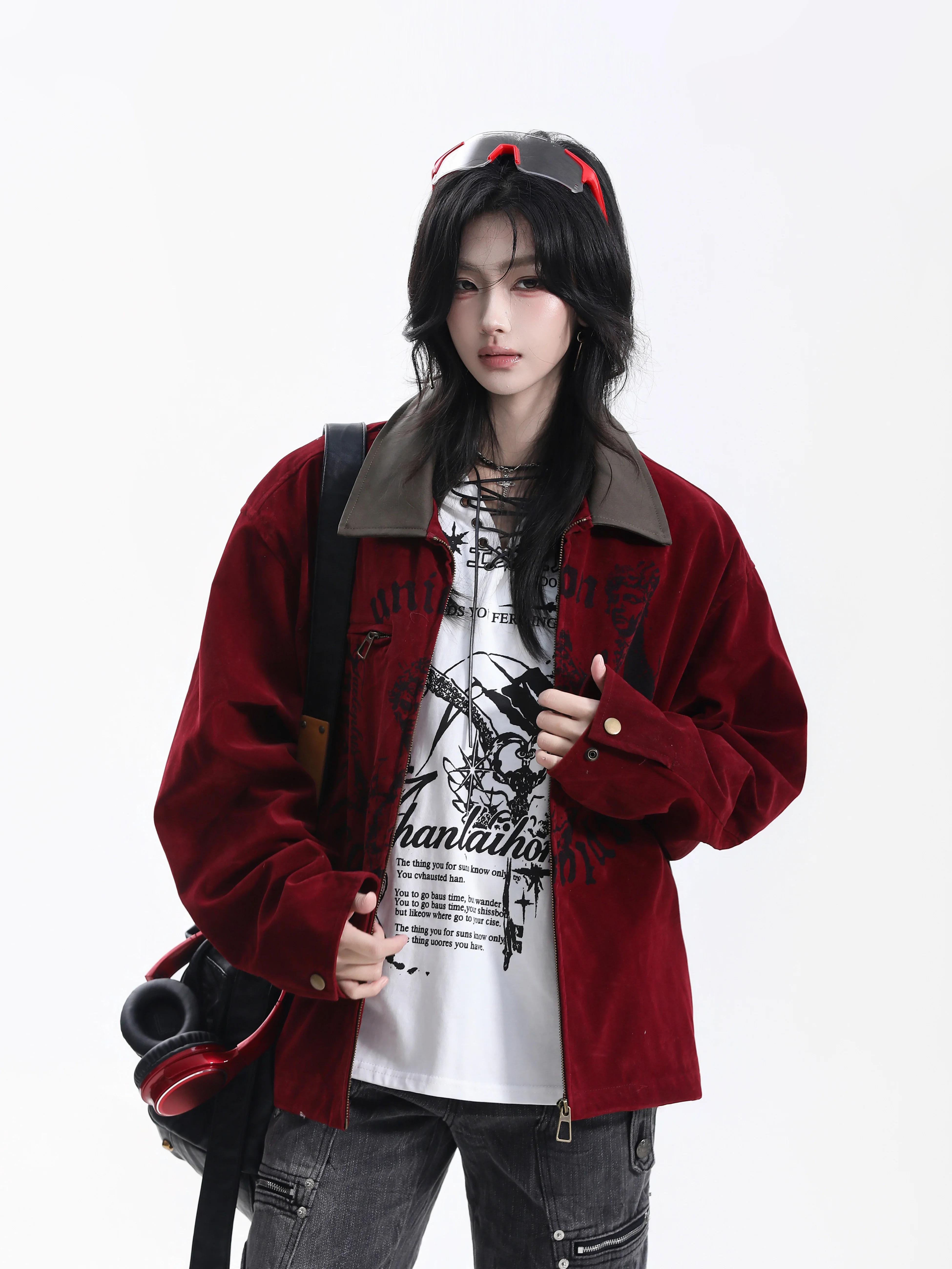 Retro Suede Loose Fit Printed Collar Cool And Stylish Jacket for Women Dark Color Lazy Style BF Workwear Jacket Polyester Fabric