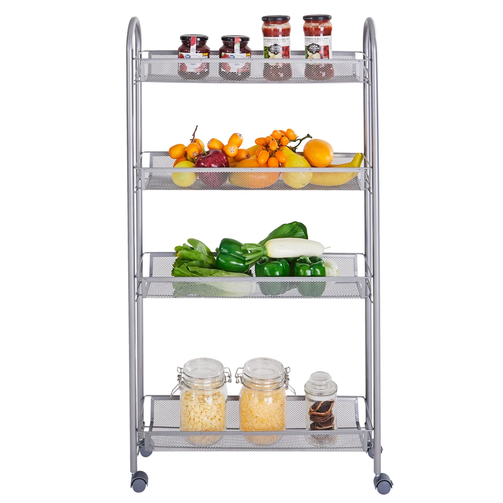 Honeycomb Mesh Style Four Layers Removable Storage Cart Silver