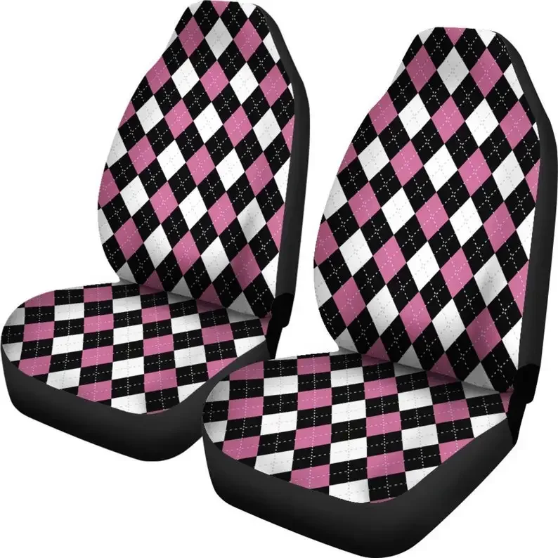 Argyle Print In Pink, Black and White Pattern Car or SUV Seat Covers Universal Fit Front Bucket Seat Seat Protectors