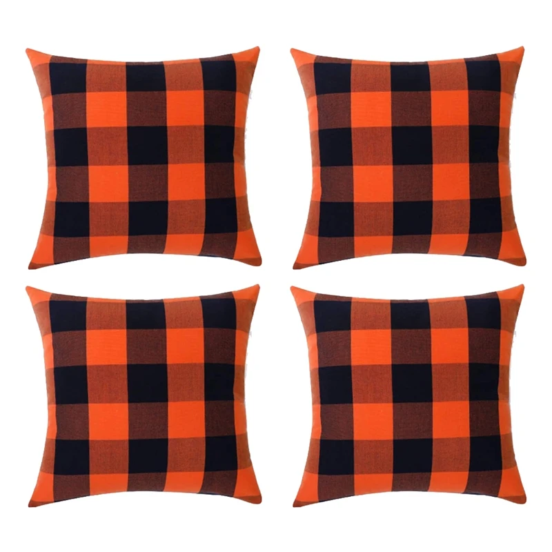 New Halloween Fall Plaid Throw Pillow Covers Set Of 4 Farmhouse Decorative Square Pillow Cover Cushion Pillowcase 18X18 Inch