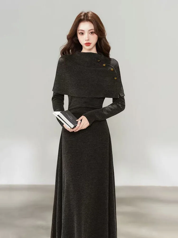 French Patchwork Knit Midi Dress Women Autumn Luxury Long Sleeve Fake 2 Piece A Line Dress Female Elegant Party Splicing Vestido