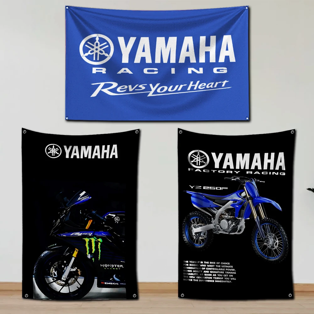 Bandera de carreras de motos, cartel de poliéster con impresión Digital, tapiz de dormitorio para y-yamaha, arte de pared de garaje, decoración de puerta exterior