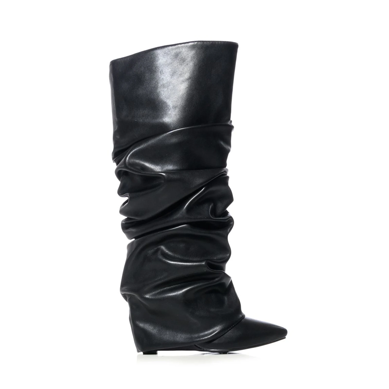 Women's wedge heel leather flax knee high boots pull on pointed toe party Women's shoes