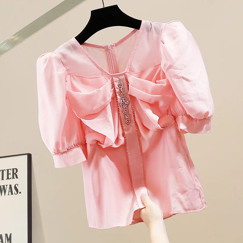 

Модная блузка с объемными рукавами, украшенная стразами, приталенного кроя, с узлом, для повседневной носки