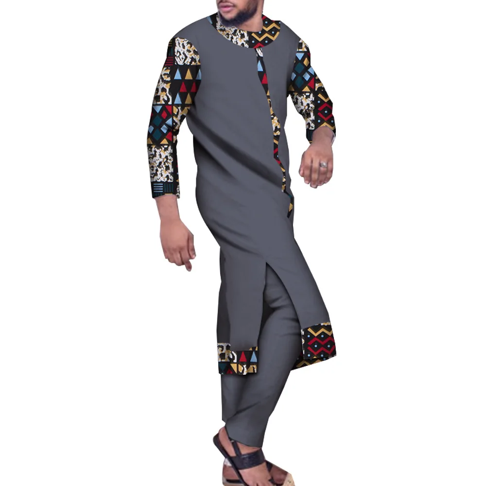 Sales!!! 2Pcs Set Long Robe Tops and Trouser Suits African Print Cotton Long Robe Pants Sets Party Wedding African Men Clothing