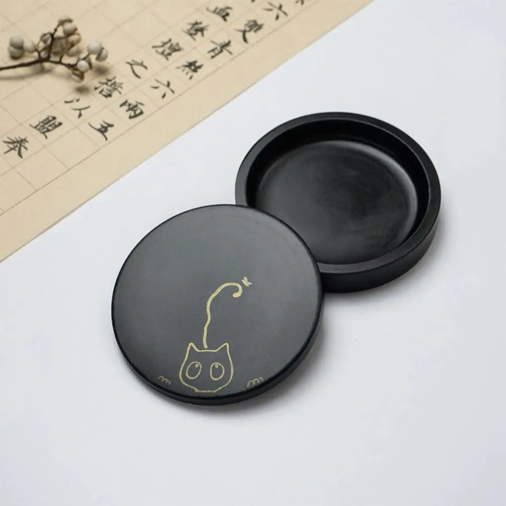 

Exquisite Traditional Calligraphy Inkstone Round Durable Calligraphy Inkwell Black Portable Inkwell Dish Art Accessories