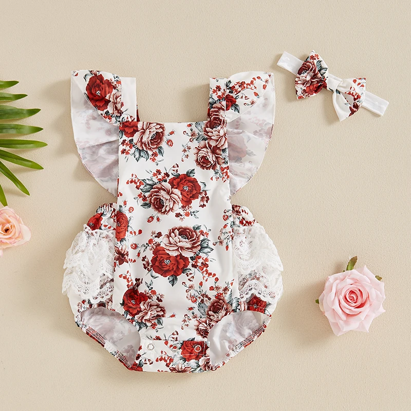 

2024-04-23 Lioraitiin Baby Girls Rompers Floral Print Lace Ruffles Fly Sleeve Bodysuits Summer Clothes with Headband 0-18M