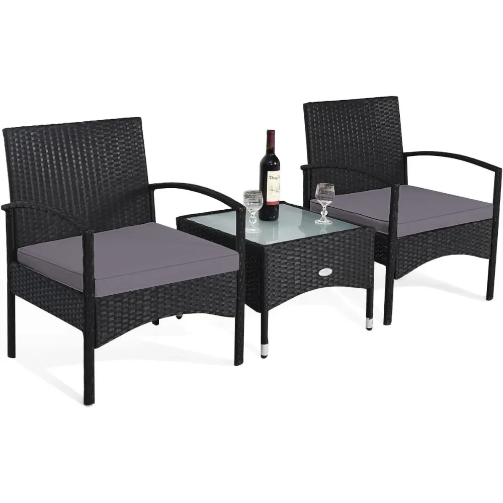 

3 PCS Patio Wicker Conversation Set, PE Rattan Sofa with Tempered Glass Coffee Table, 2 Chairs, 2 Cushions, Patio Furniture Set