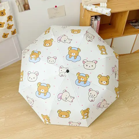 Precioso paraguas rosa Rilakkuma, tres pliegues, ocho costillas, paraguas plegable para coche, protección UV, protección solar, sombrilla, sombrilla, sol U