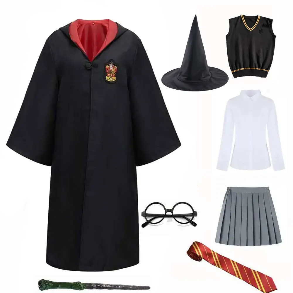 Women Girls Halloween Costume Witch College Style Robe Dress Skirt Tie Cosplay Set Hulffpuffs Costume