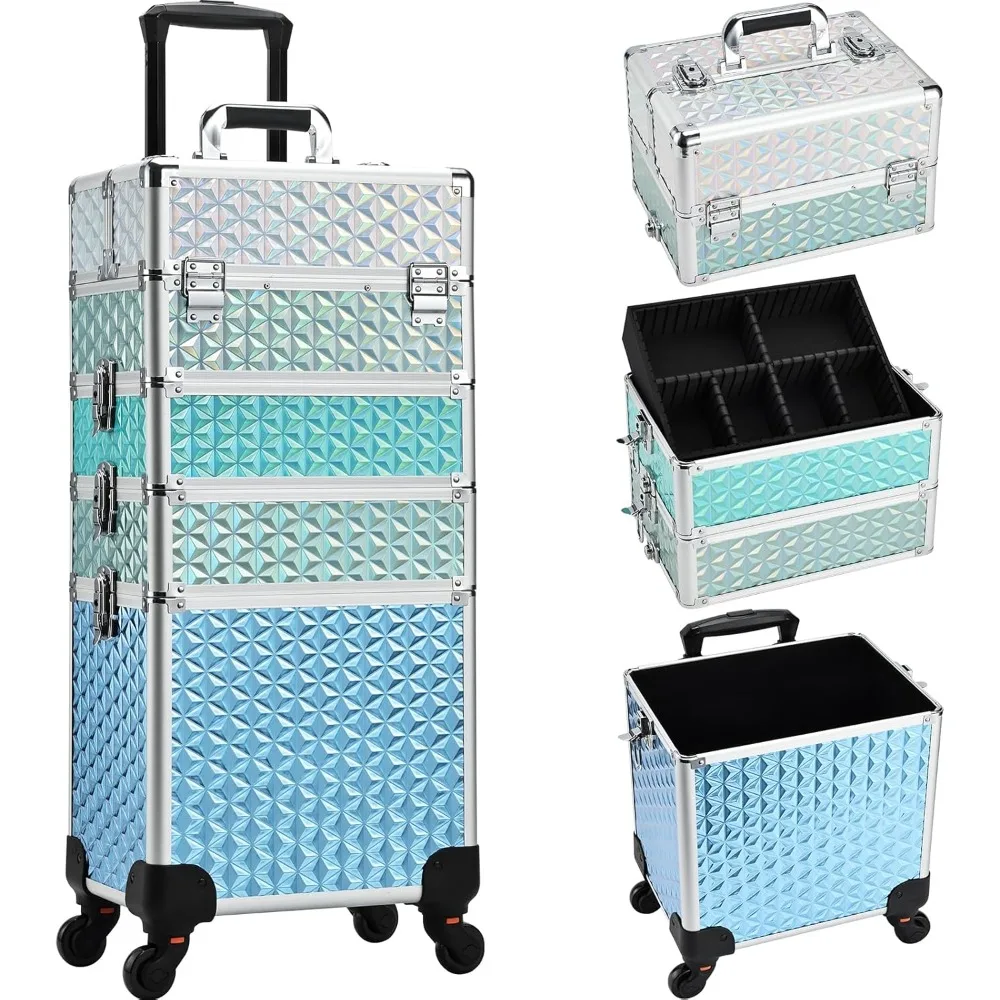 

Adazzo Professional Rolling Makeup Train Case 4 in 1 Aluminum Trolley Case with 360° Rotation Wheels for Makuep Artist Cosmetic