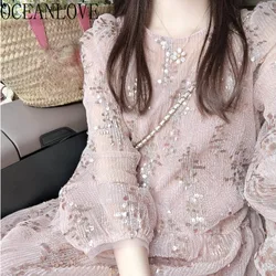 OCEANLOVE Pink Long Dresses Sequins Spring Autumn Elegant Loose Vestidos Mujer Korean Fashion Sweet Long Sleeve Women Dress