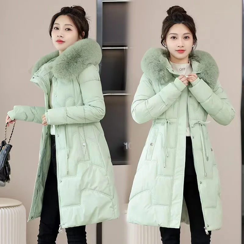 Girls In Cotton-padded Coat Long Hooded Trend In Autumn And Winter Of 2024 Cotton-padded Jacket Slim Padded Warm Fur Collar Coat
