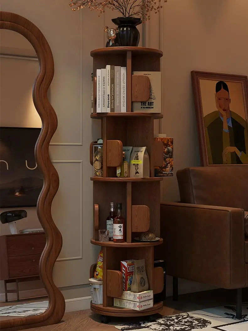 

Rotatable bookshelf Small apartment, movable solid wood bookcase next to the desk, antique style, large capacity, does not occup