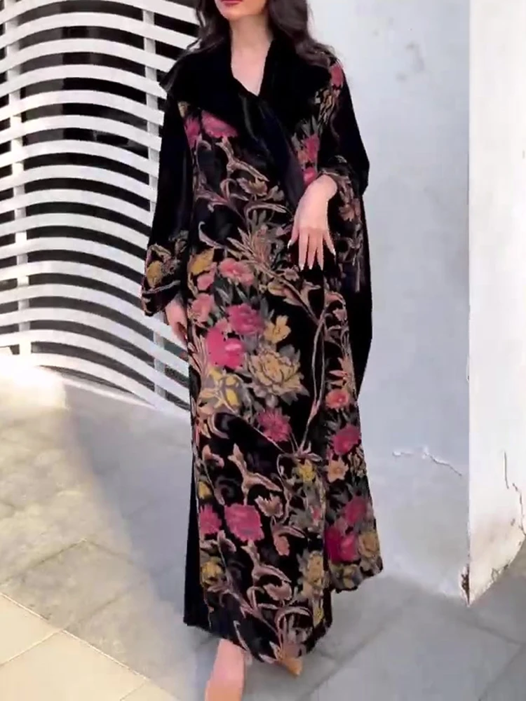 Elegant V-neck Splicing Robe Windbreaker Women's Casual Long Sleeve Draped Loose Jacket Fashion Flower Print Color Blocked Coats