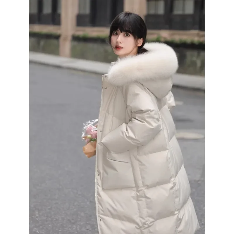 2024 new mid to long style real fox fur collar 90 white duck down down down jacket women's winter version loose hooded jacket