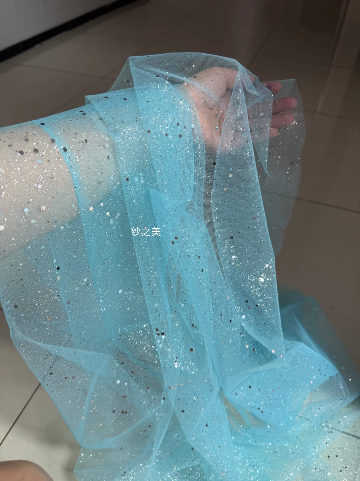 Blue Gray Size Sequins Transparent Mesh Spray Silver Yarn Draping Fabric for Wedding Style Background Sheer Dress Voile Fabric