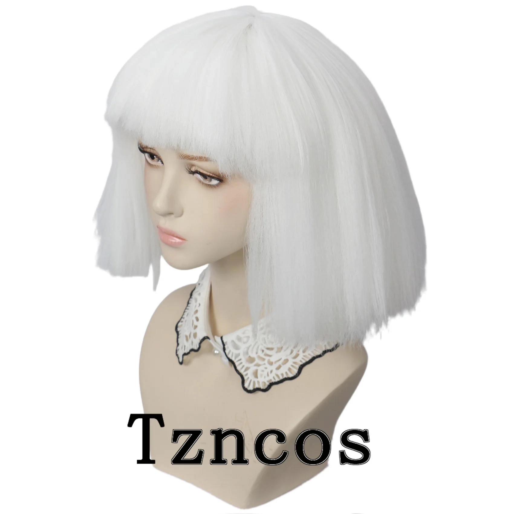Tzncos المرأة رقيق أبيض قصير بوب شعر مستعار تنفس روز صافي غطاء ألياف صناعية مقاومة للحرارة للعب دور الهالوين #4