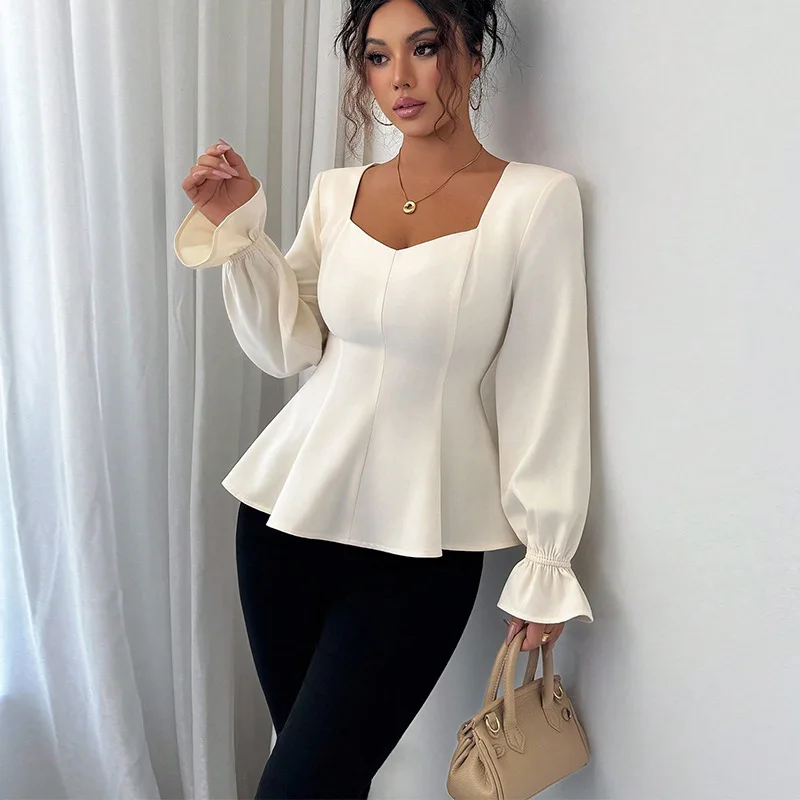 

Elegant Long-Sleeved Shirt 2026 Spring Women's V-Neck Lantern Sleeve Knit Shirt