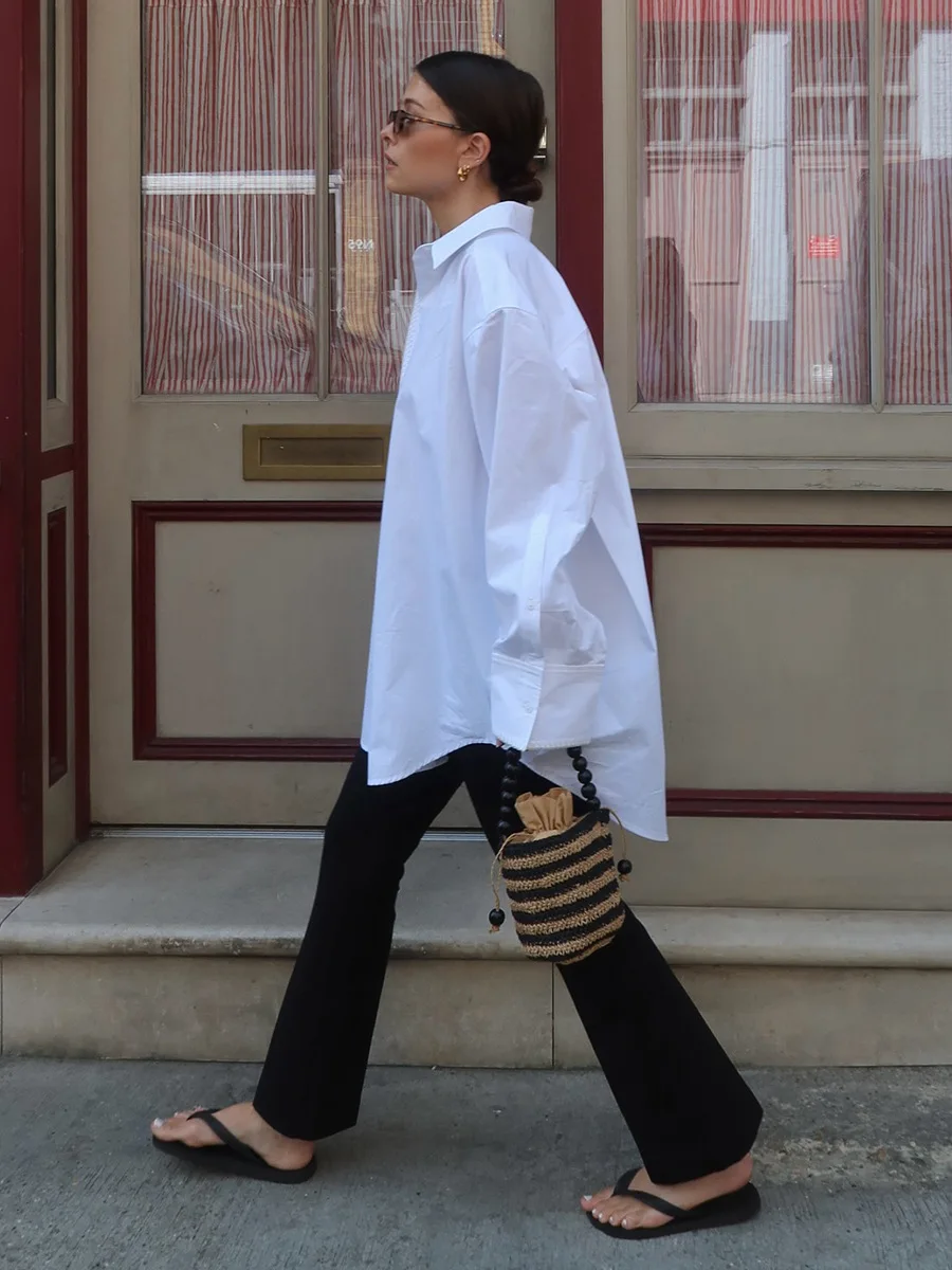 Wolfeel 여성용 미니멀리스트 화이트 긴팔 셔츠 신상 가을 라펠 싱글 브레스티드 셔츠 면 루즈 블라우스