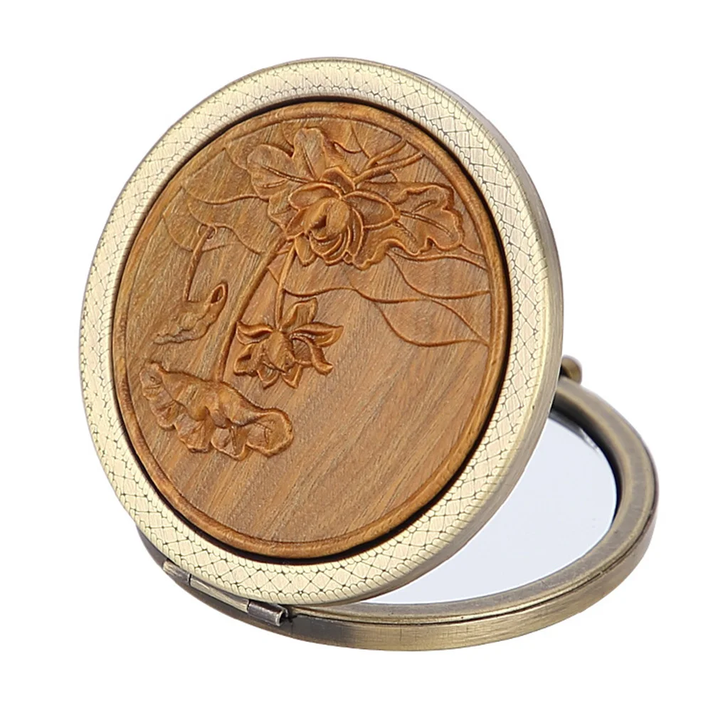 

Green Sandalwood Makeup Mirror Compact Foldable Travel Female Gift Small Pocket Size Beauty Tool Dual-side Glass
