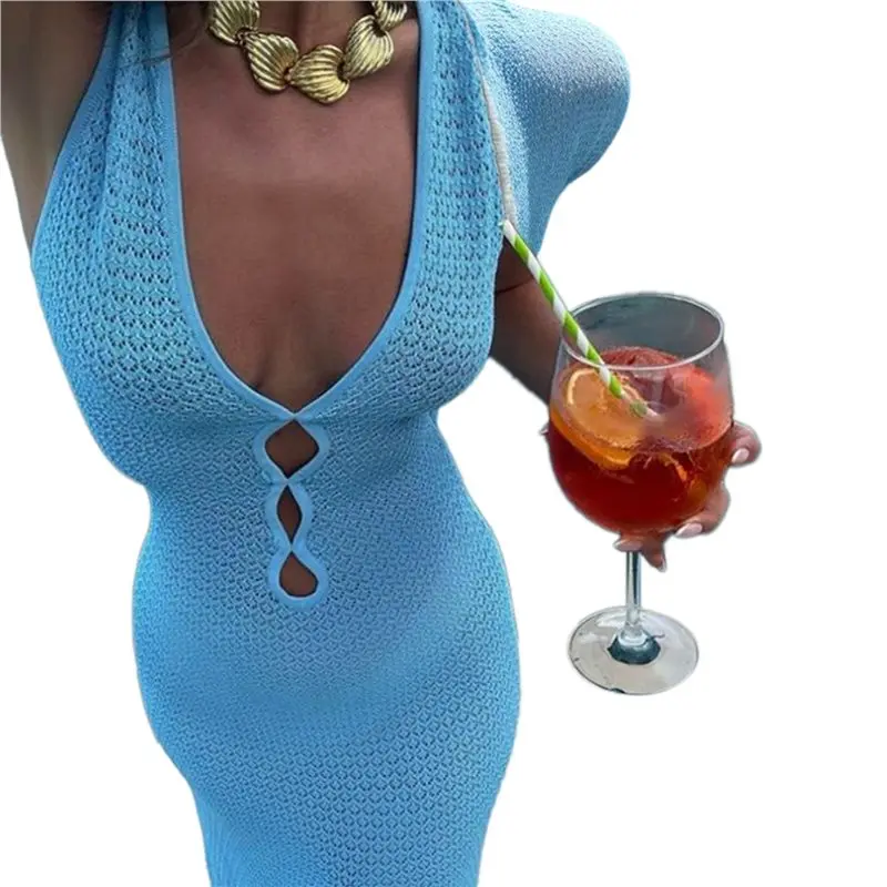 

Женский купальник-накидка крючком с V-образным вырезом и завязками на шее, летний вязаный купальный костюм, раздельное облегающее пляжное платье