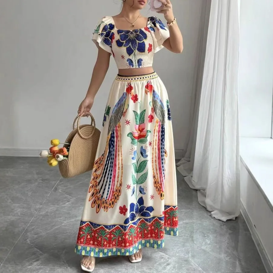 

Fashion Printed Casual Vacation Bohemian Women's Skirt 2 Piece Set Summer Casual Feifei Short-sleeved Top Long Skirt Suit Female