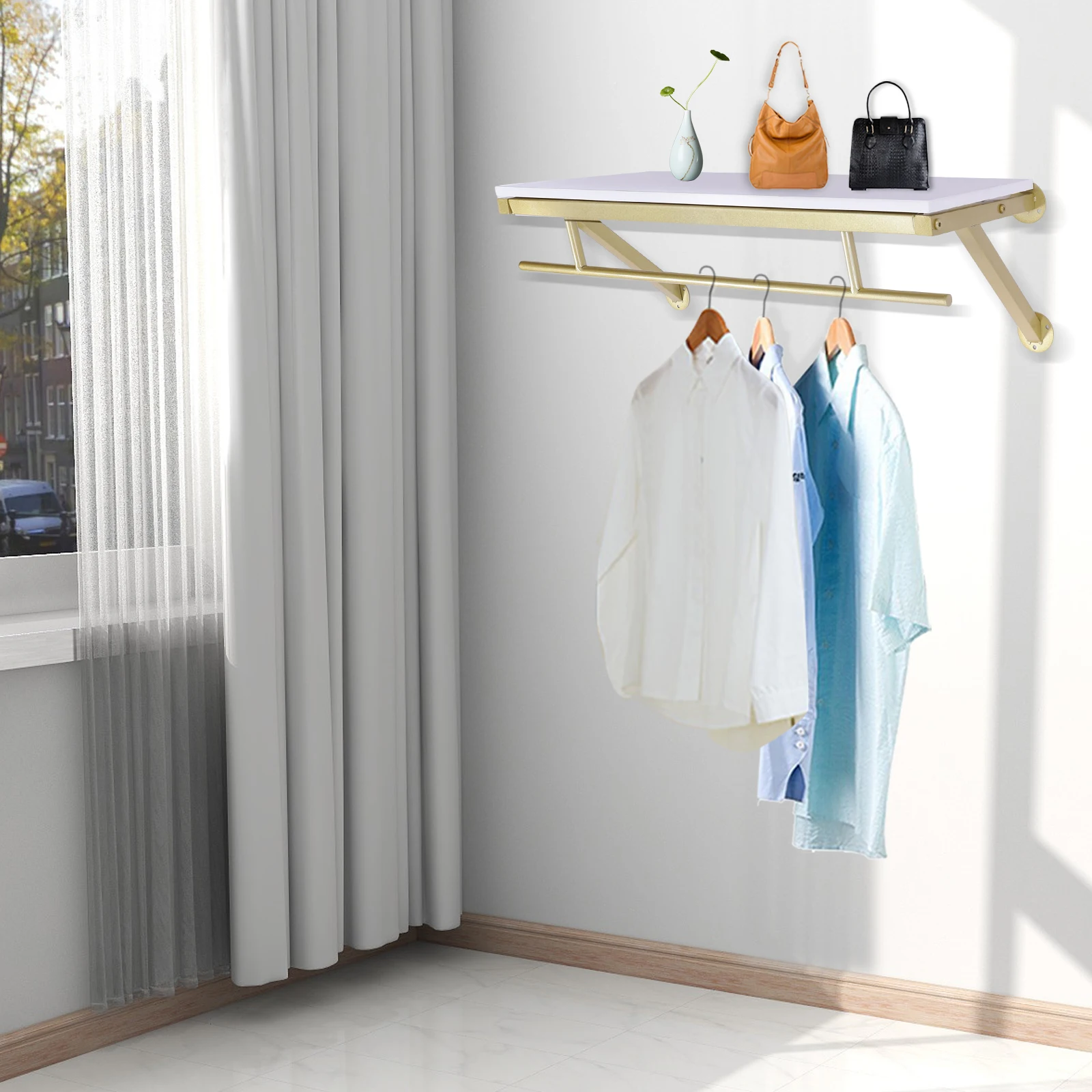 Clothing Rack Gold Wall Mounted Garment Display Storage Rack with Hanging Bar, Detachable Shelf & Hanging Rod Garment Rack