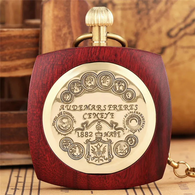 Relógio de bolso mecânico automático, Classical Square Case, Red Sandalwood, Open Face, Relógio Número Romano com Corrente, Homens e Mulheres