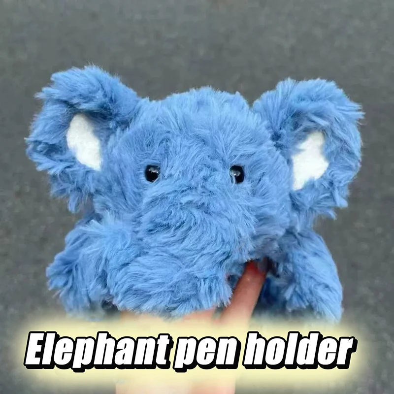 مقلمة على شكل فيل كرتوني أزرق لطيف - حقيبة أقلام قطيفة ذات سعة كبيرة، وحقيبة مكياج للسفر وهدية تخزين القرطاسية
