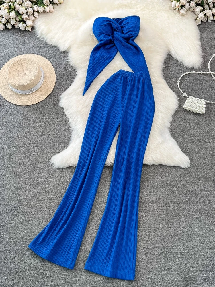 

Faionable American Sle Women's Outfit with Chest Pad Twist Wrap Crop Top And High Waist Slimming Wide Leg Pants Set