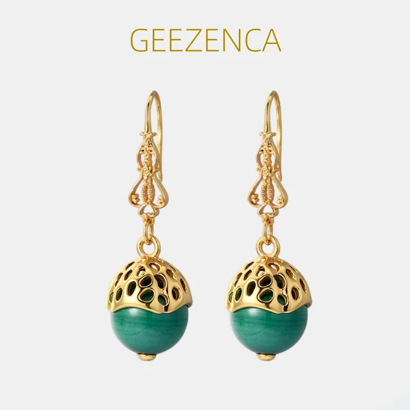 

GEEZENCA Natural Malachite 925 Sterling Silver Dangle Earrings For Women Green Stone Vintage Luxury Water Drop Earring 2023 New