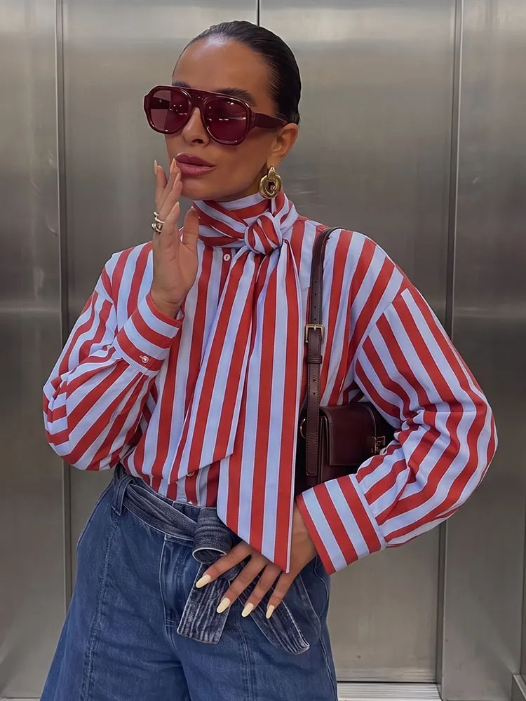 Womens Red Blue Vertical Stripe Blouse Tie Bow Neck Long Sleeve Casual Party Autumn Vacation Single Breasted Loose Shirt