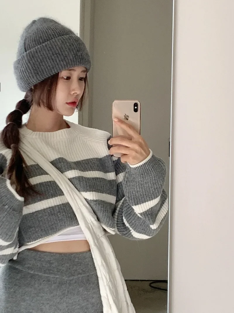 Back Hollow Out Pull Femme Sueters De Mujer Y2k Clothes Jumper Pullover Bandage Top Black Grey Striped Sweater Women Knitwear