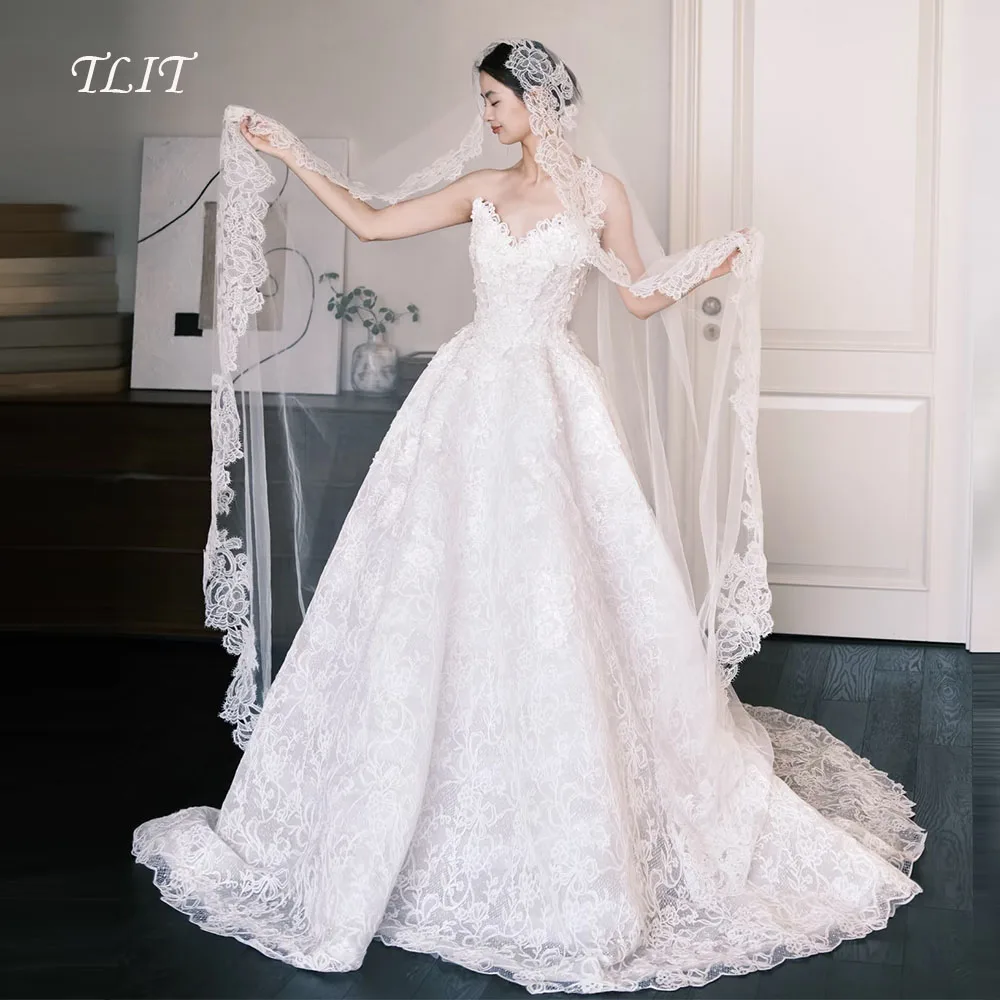 TLIT Элегантные кружевные свадебные платья Корейские свадебные платья Фотосессия с пышным шлейфом Длинные свадебные платья Корсет сзади по индивидуальному заказу