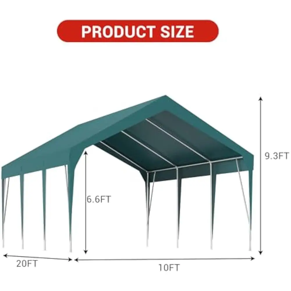 Tettuccio per carport resistente da 10 x 20 piedi con telaio robusto, riparo per garage portatile impermeabile e resistente ai raggi UV, altezza regolabile