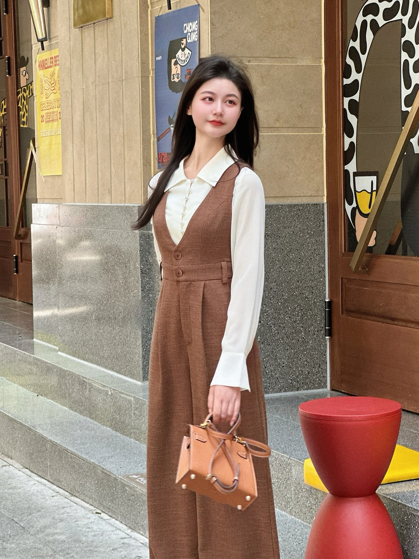 

Модный женский комбинезон с V-образным вырезом и завышенной талией, комплект из рубашки и брюк, прямой крой, дышащий полиэстер, осень-весна