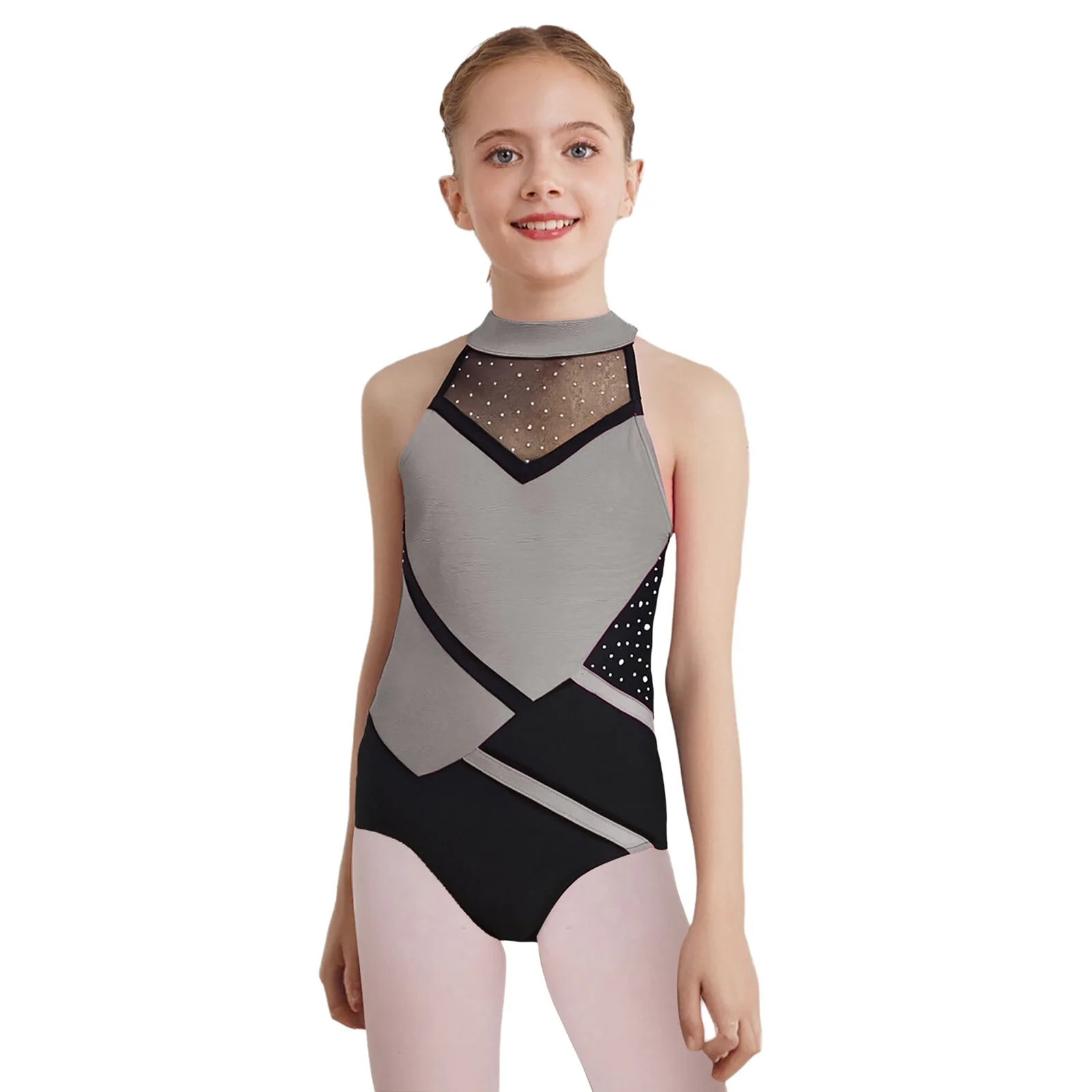 Girl Gymnastics Yoga Dance Leotards Outfit Strappy Back Color Block Glittery Rhinestones Leotard with Shorts And Hairband Sets
