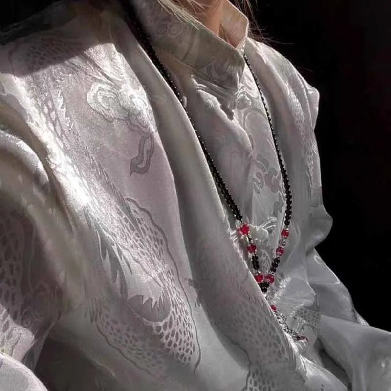 Women Mandarin Collar Frog Button Loose Chinese Traditional Blouse Long Sleeve Tang Suit Top Satin Jacquard Dragon Pattern Shirt