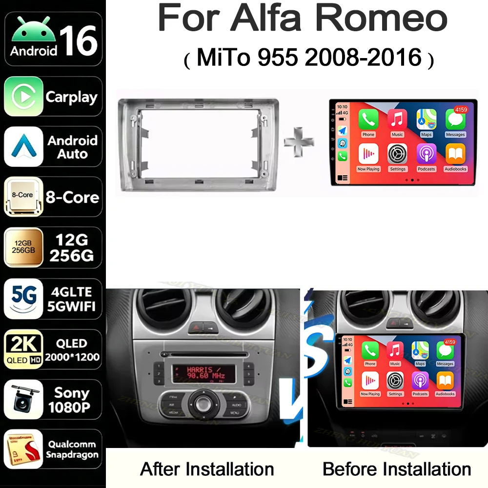 Android 16 Car Radio Stereo For Alfa Romeo MiTo 955 2008-2016 Auto Cireless Carplay GPS Navigation Multimedia Video Player 2Din