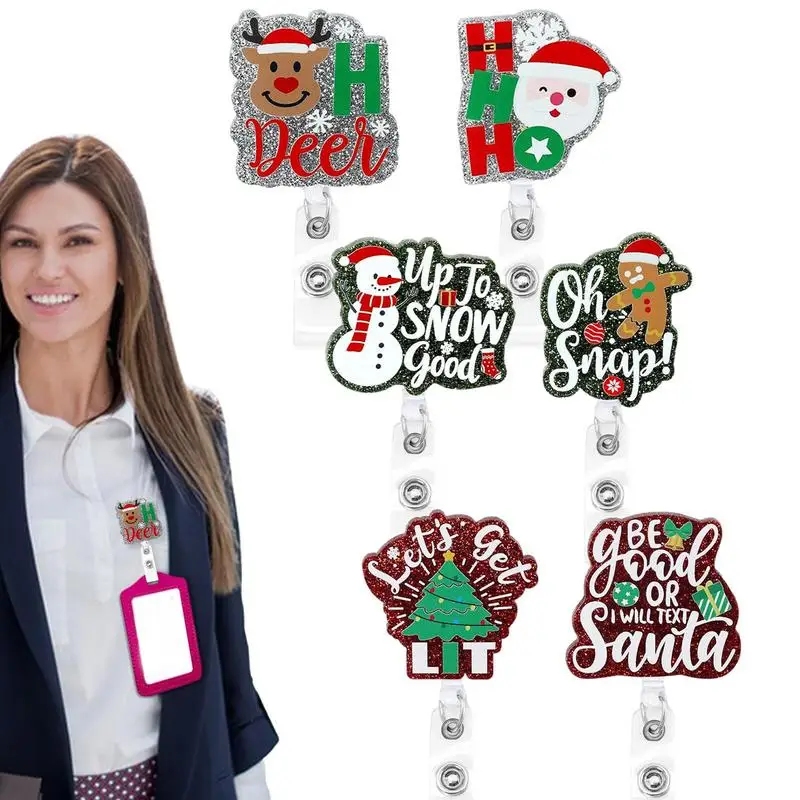 

Holiday Badge Reels Cute Funny Nurse Badge Holder Retractable Clip Multi-Purpose Key Card Holder 6 Pieces Santa Claus Snowman