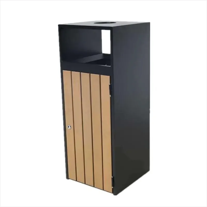 Outdoor commercial wooden and metal trash cans, street furniture trash cans, park wooden trash cans