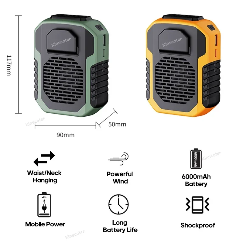 USB Mini Ventilador Portátil Recarregável, Pescoço Pendurado, Cintura, Exterior, Acampamento, Caminhadas, Escalada, Corrida, Esportes, 6000mAh