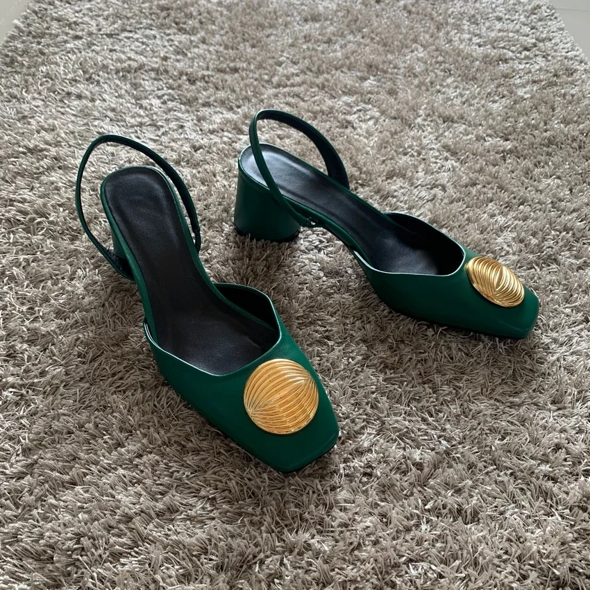 Green High Heels for Women 2024 Fashion Squared Toe Leather Slingbacks Pumps Elegant Lady Heeled Shoes Autumn Luxury Heels