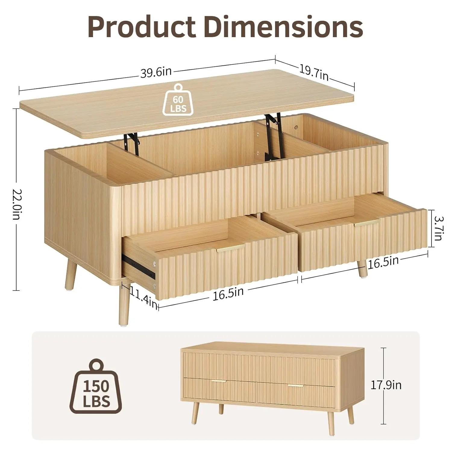 Fluted Lift Top Coffee Table- Wood Coffee Tables with Storage for Living Room, Mid Century Modern Square Large Center Table with