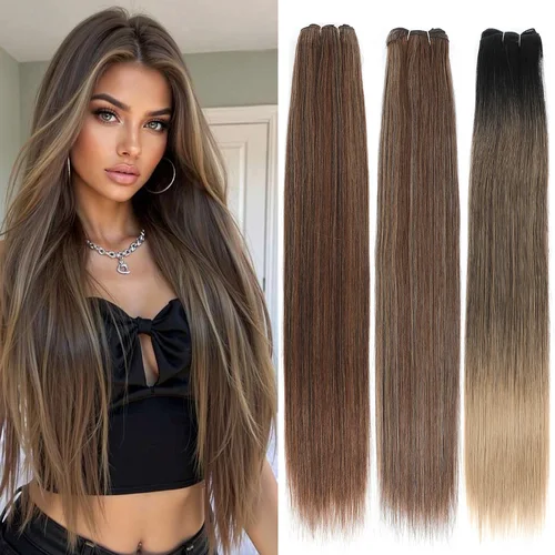 Imagen 2 del producto Extensiones de cabello liso de hueso sintético, 30 pulgadas, 200g, marrón café, M816, ombré, marrón, naranja, tejido de cabello suave, extensiones de cabello Bio