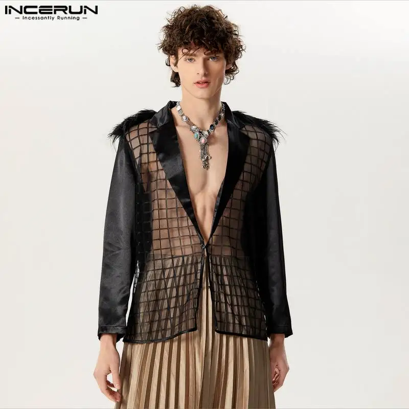 INCERUN 2024 Men Blazer Mesh Plaid Patchwork Lapel Long Sleeve One Button Suits Men Transparent Streetwear Fashion Casual Coats