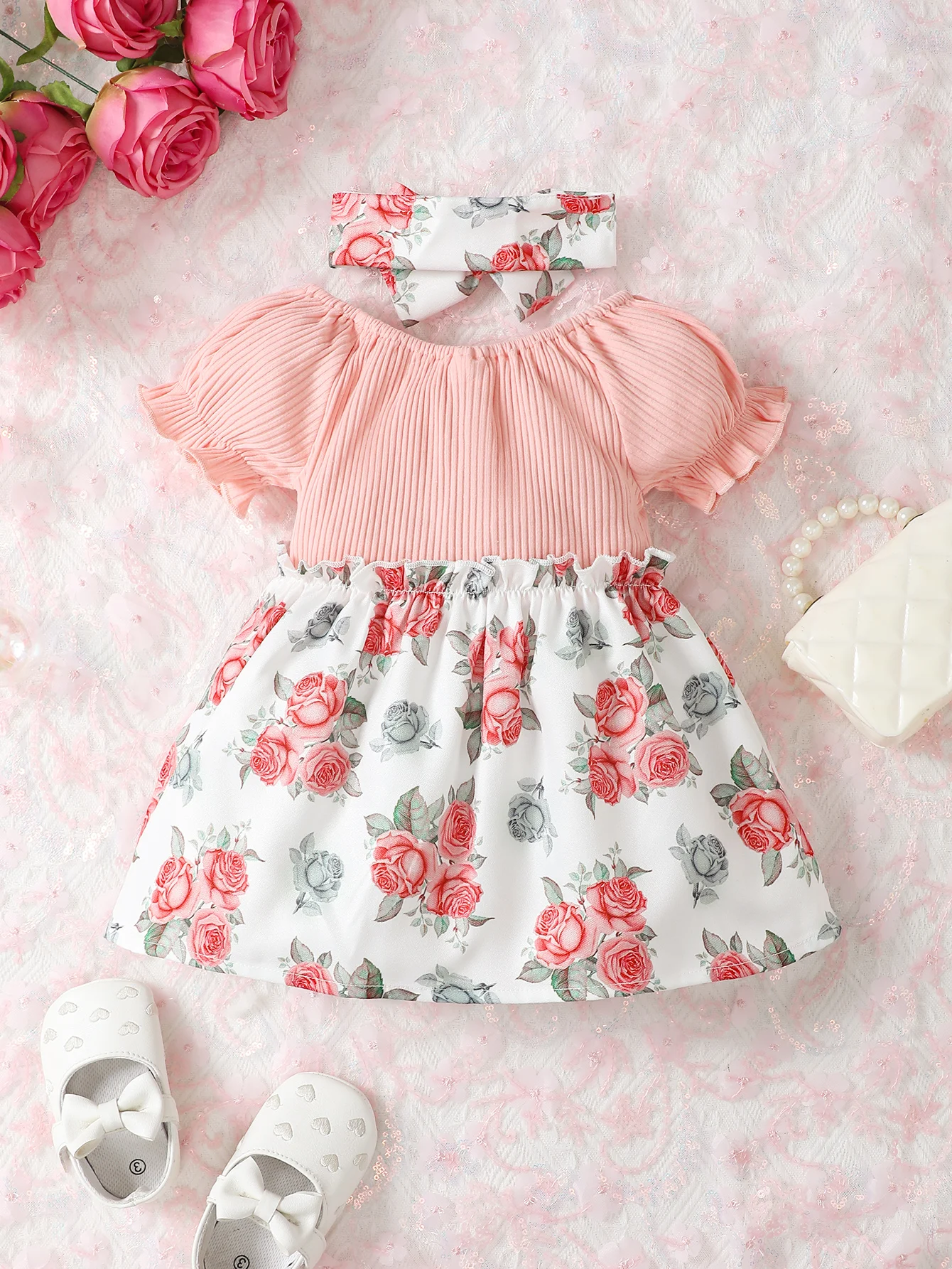 Summer Baby Girl Dress Bubble Short Sleeved Patchwork Dress Bowknot Fashionable Floral Printed Skirt with Headband 2psc Set