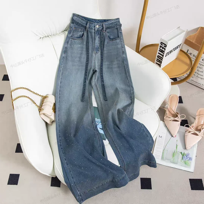 

2025 стираные джинсы, инкрустированные бриллиантами, женские прямые брюки с высокой талией Design Sense, свободные широкие брюки для мытья полов