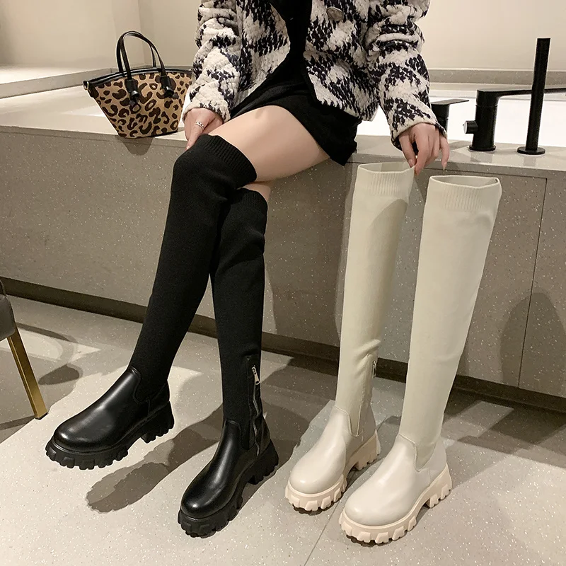 Women Thigh High Boots Stretch Sock Modern Zipper Winter Ladies Over-the-Knee Boots Long Platform PU Leather Breathable Shoes